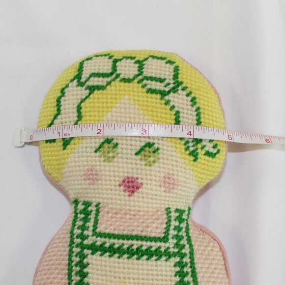 Vintage needlepoint Blonde Doll Floral Figure Pillow Grandma core Rebecca - Picture 8 of 8